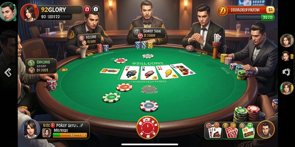 Tampilan gameplay Poker yang menarik dan interaktif di 92GLORY.