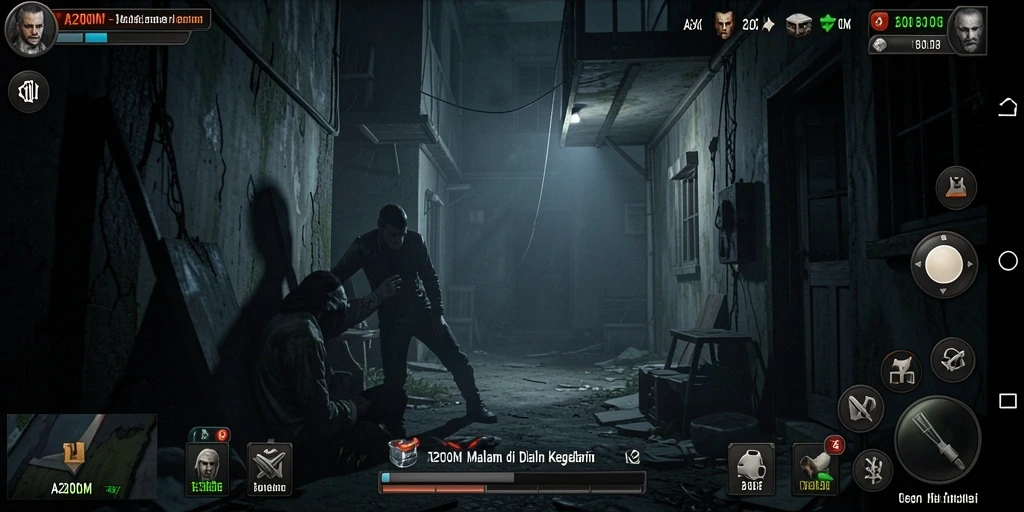 Screenshot A200M menampilkan gameplay yang mencekam dan atmosfer menyeramkan.