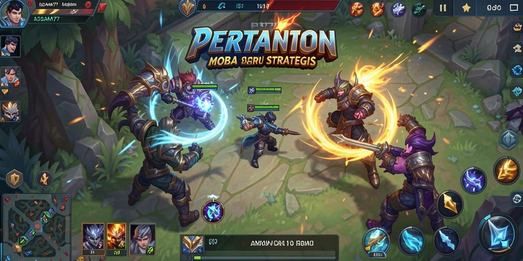 Screenshot gameplay ADAM77 menampilkan pertarungan MOBA yang intens.