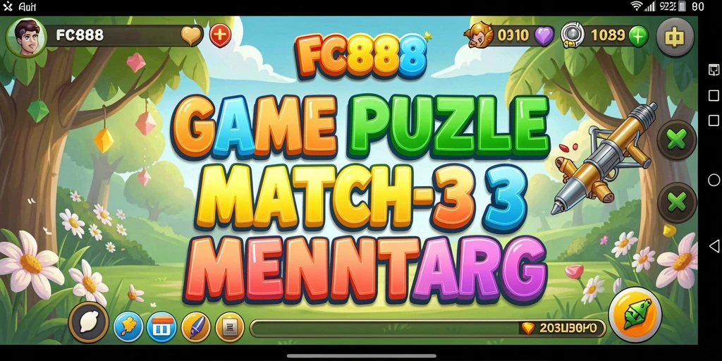 Screenshot utama FC888 menampilkan permainan Match-3 yang seru dan warna-warni.