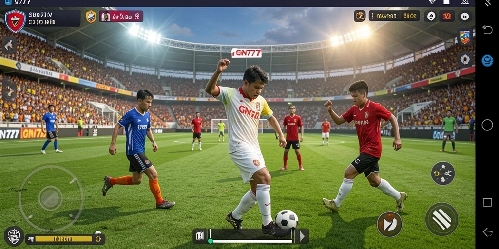 Screenshot utama GN777 menampilkan aksi seru dalam pertandingan sepak bola.