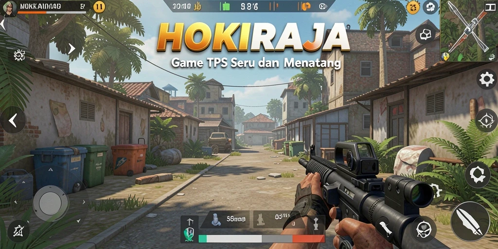 Tangkapan layar HOKIRAJA menampilkan aksi tembak-menembak yang intens di medan perang.