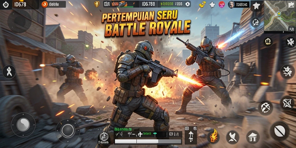 Screenshot utama ID678 menampilkan aksi pertempuran seru dalam Battle Royale.