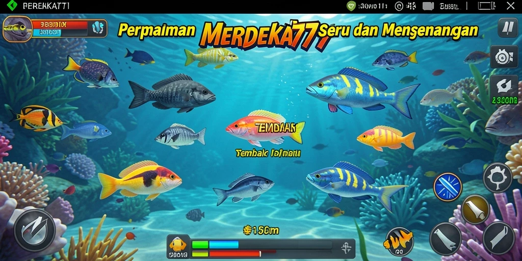 Screenshot gameplay MERDEKA777 menampilkan aksi menembak ikan yang seru.