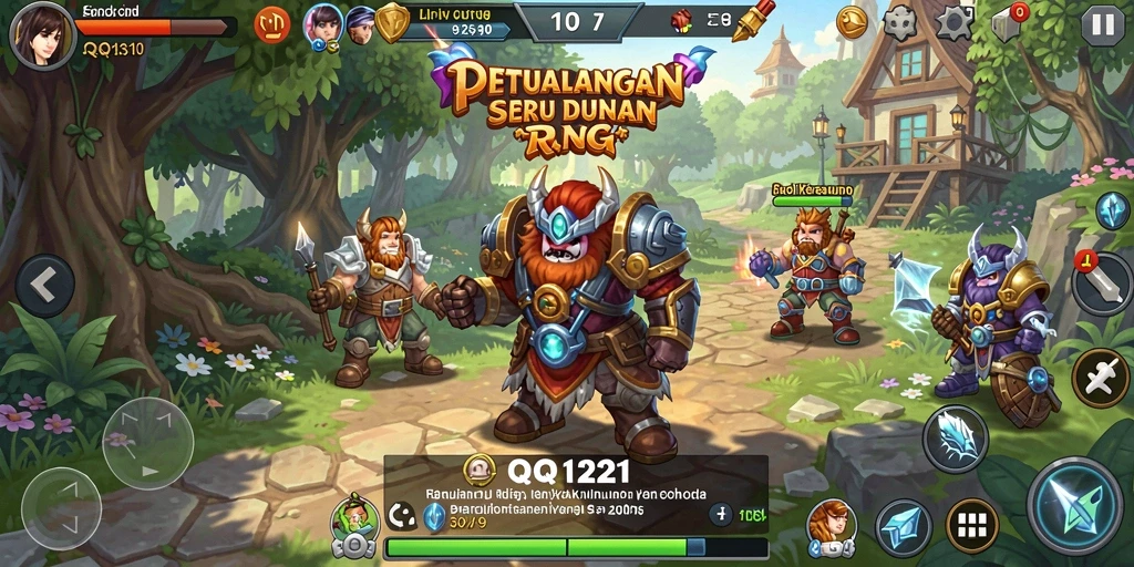 Tampilan gameplay <strong>QQ1221</strong> dengan petualangan seru dan pertarungan menantang.