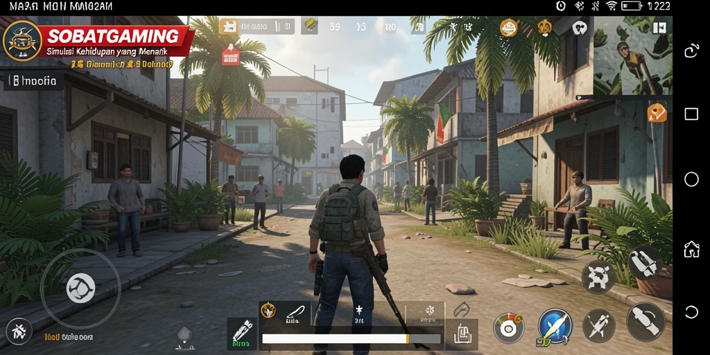 Screenshot gameplay menunjukkan karakter dalam aktivitas sehari-hari.