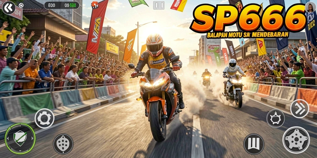 Screenshot gameplay SP666 yang menampilkan aksi balapan motor yang mendebarkan.